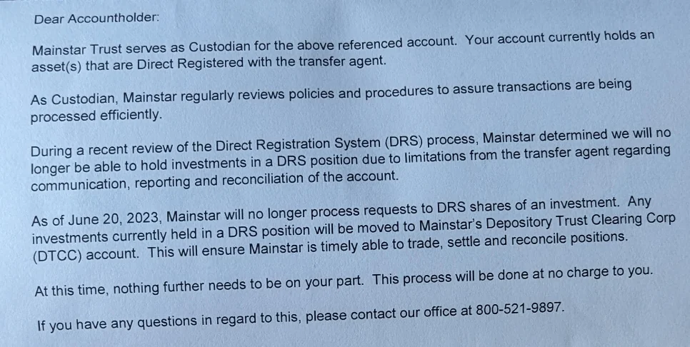 An investment management group that is supposed to help individuals manage their shares held in retirement accounts, announces they will no longer allow GameStop shares to be direct registered. In fact, they actually say they will go so far as to "de register" the previously registered shares.