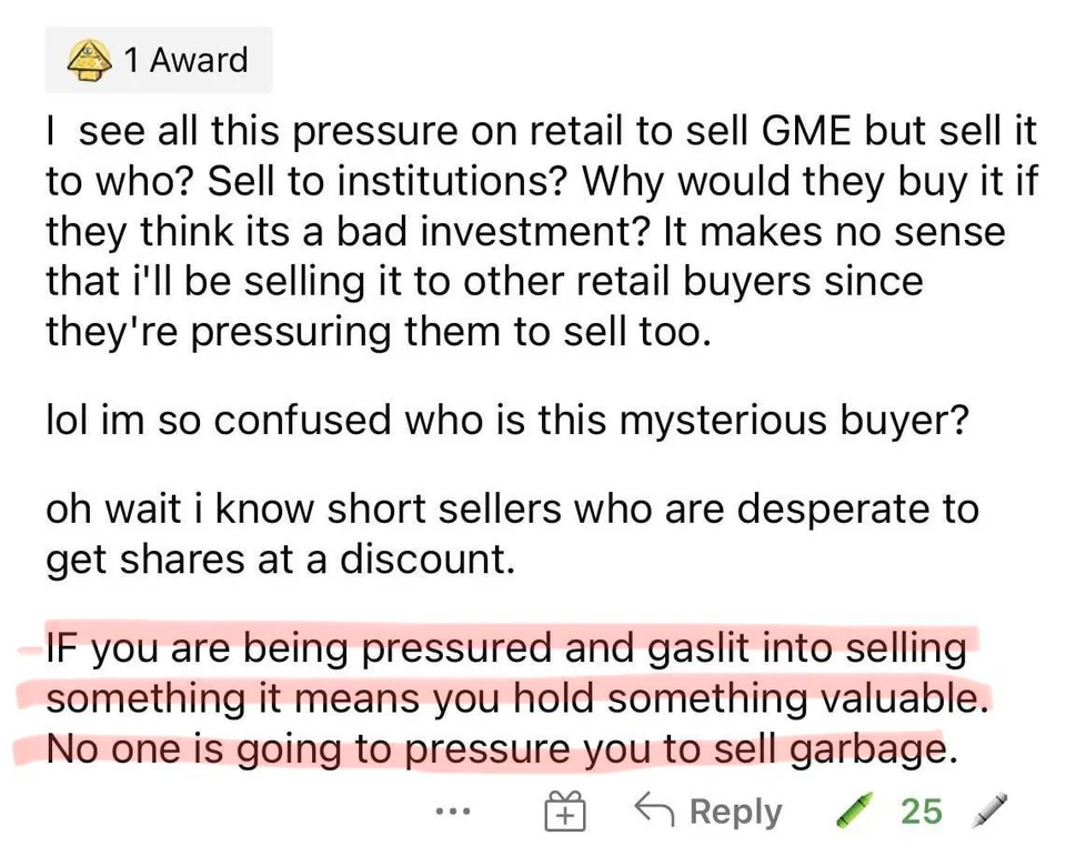 As the start of thousands of "Forget GameStop" articles begin to get published over the course of the next few years along with hours and hours of media reporting on TV and online streaming platforms begging people to "Forget GameStop", one Reddit user posts the following.