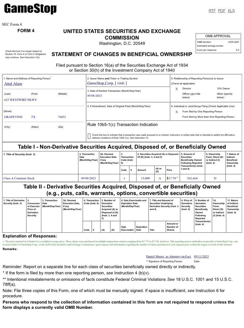 GameStop Buy: Additionally,  board member Allain Attal buys 15,000 shares